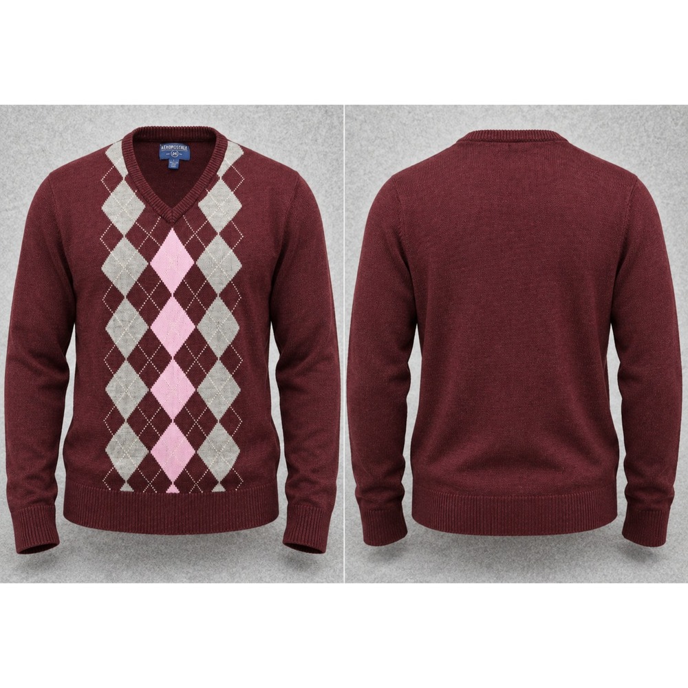Aeropostale Sweater Mens L Maroon Burgundy Argyle V-Neck Pullover Preppy Knit
